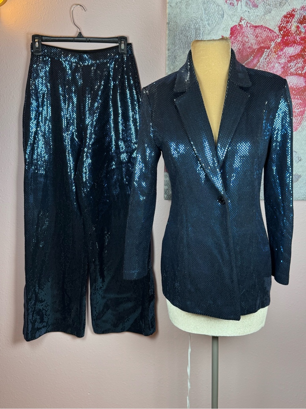 St. John Vintage Couture Sequined Navy Blue Blazer & Wide-Leg Pants Set